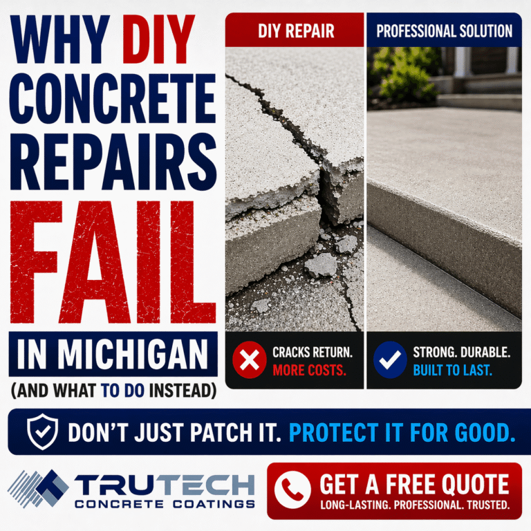 DIY concrete repair failure in Michigan showing cracked concrete vs professional coating solution with durable smooth surface
